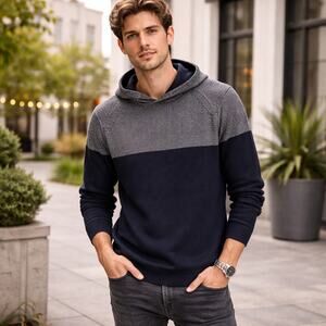 Express Men's Sz Medium Black Grey Color Block Ribbed Hooded Sweater Hoodie